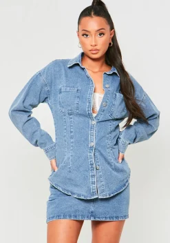 Fiona Blue Washed Seam Detail Denim Shirt^Missy Empire Best Sale