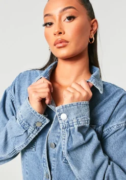 Fiona Blue Washed Seam Detail Denim Shirt^Missy Empire Best Sale