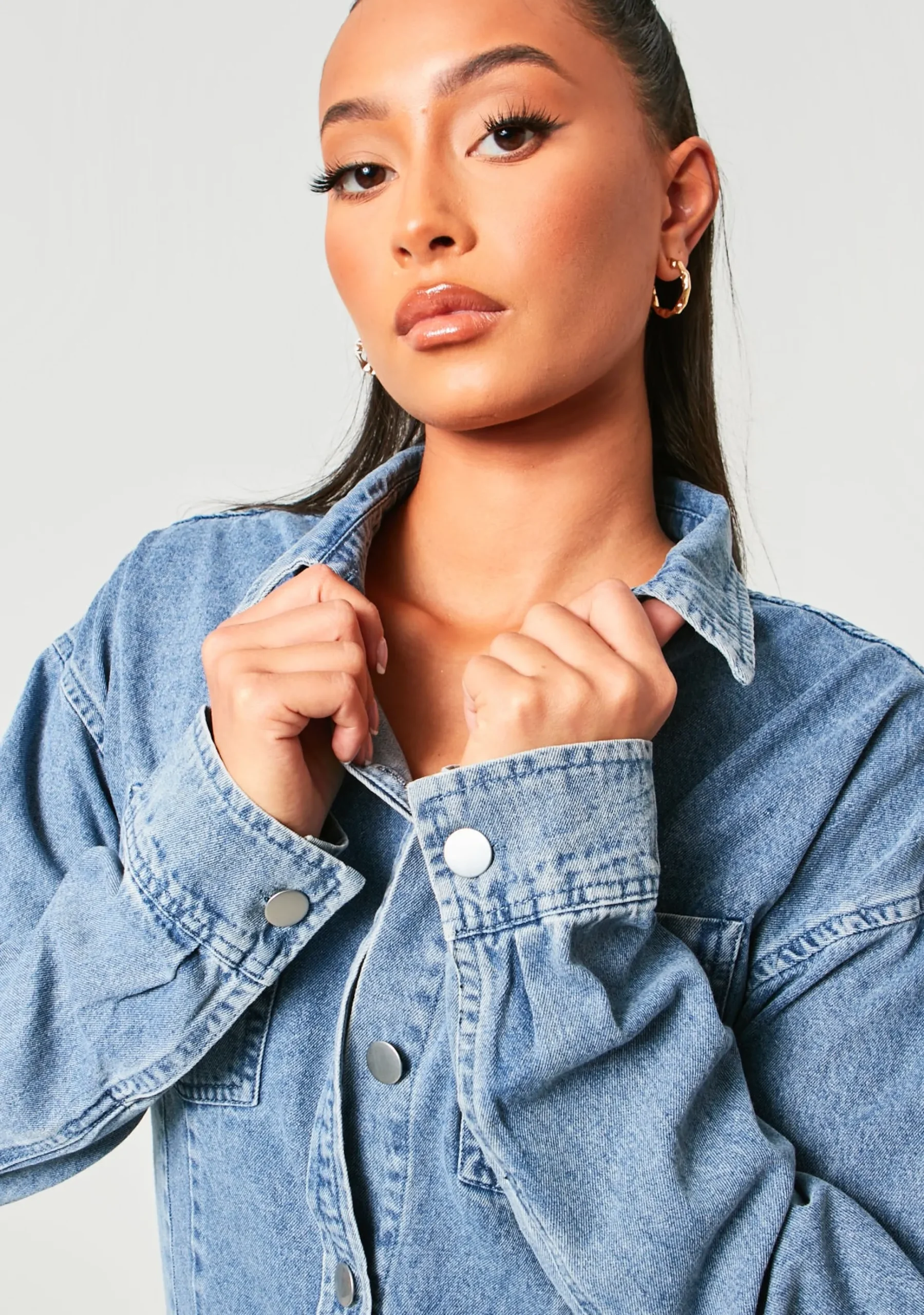 Fiona Blue Washed Seam Detail Denim Shirt^Missy Empire Best Sale