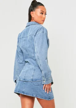 Fiona Blue Washed Seam Detail Denim Shirt^Missy Empire Best Sale
