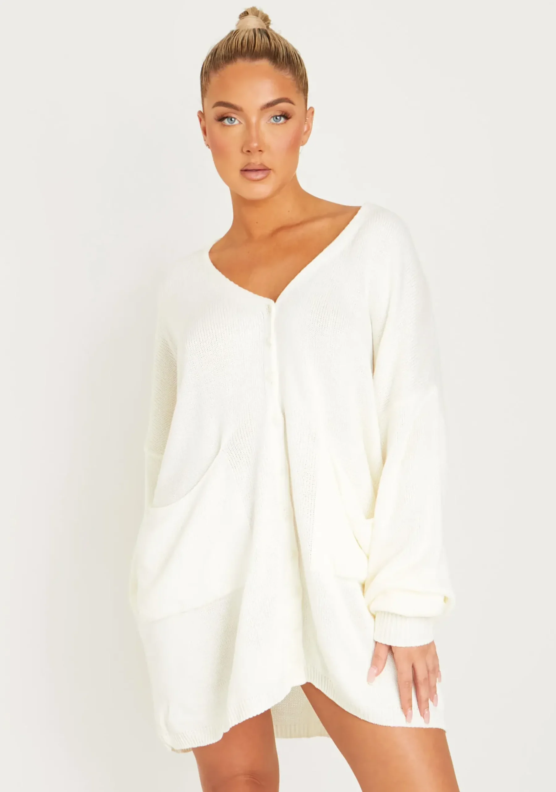 Shop Freya Cream Knitted Oversized Button Through V-Neck Cardigan Dress Women Loungewear