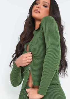 Hot Georga Green Ribbed Knit Zip Up Cardigan And Legging Co Ord Women Loungewear