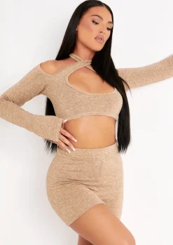 Hot Georgie Beige Knitted High Waisted Cycling Shorts Women Shorts