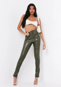 Discount Georgie Khaki Vegan Leather Side Split Leggings Women Leggings