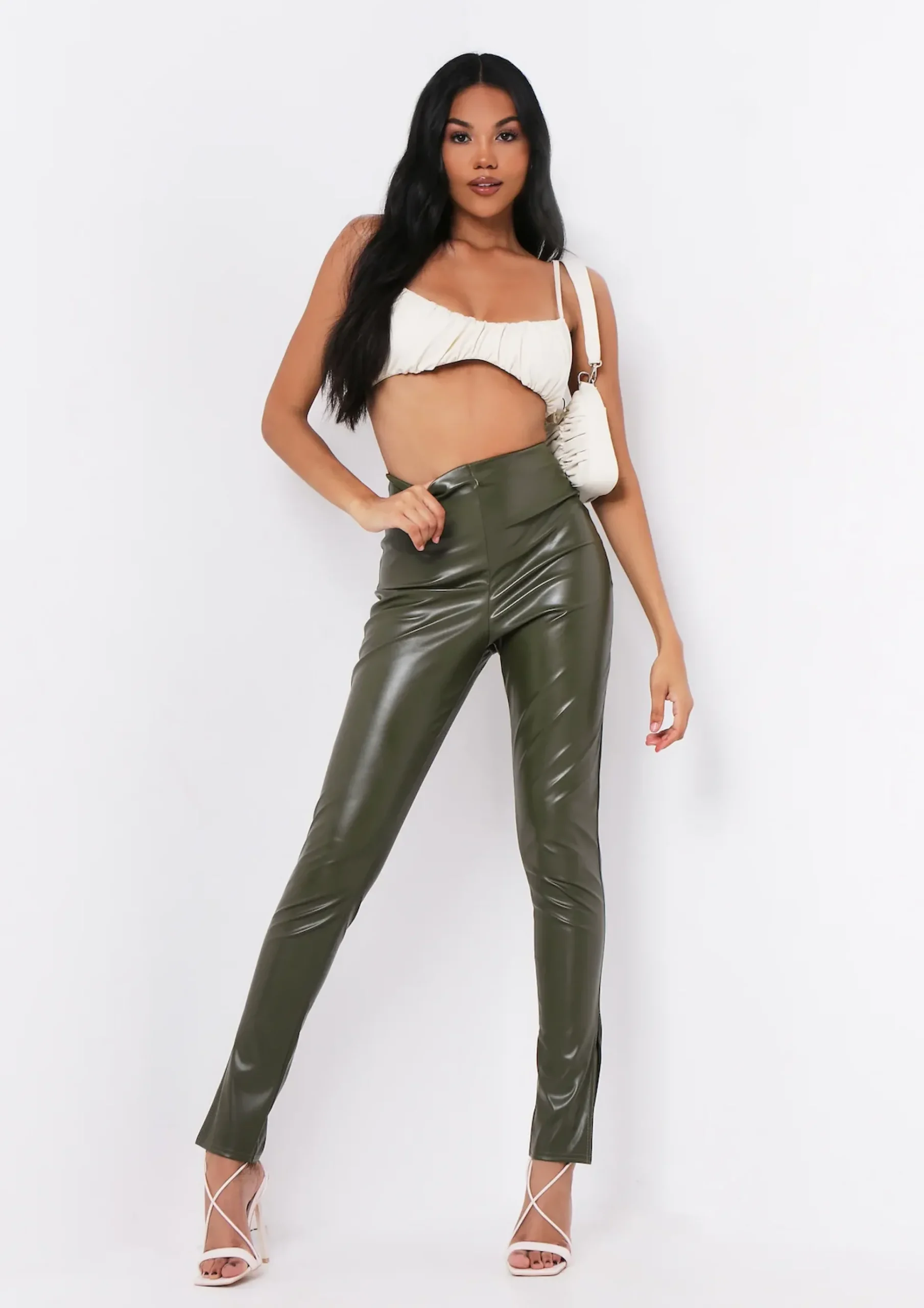 Discount Georgie Khaki Vegan Leather Side Split Leggings Women Leggings