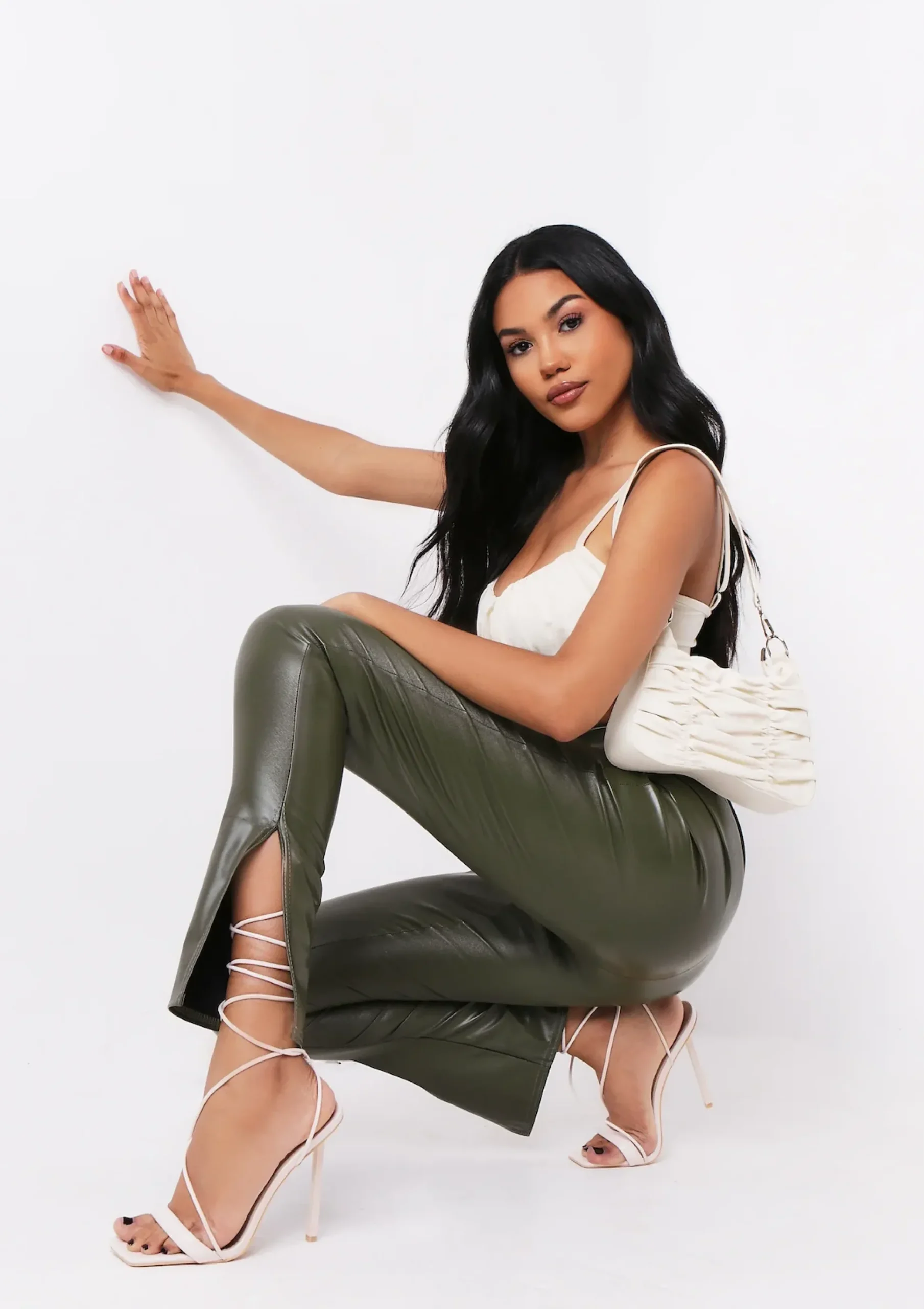 Discount Georgie Khaki Vegan Leather Side Split Leggings Women Leggings