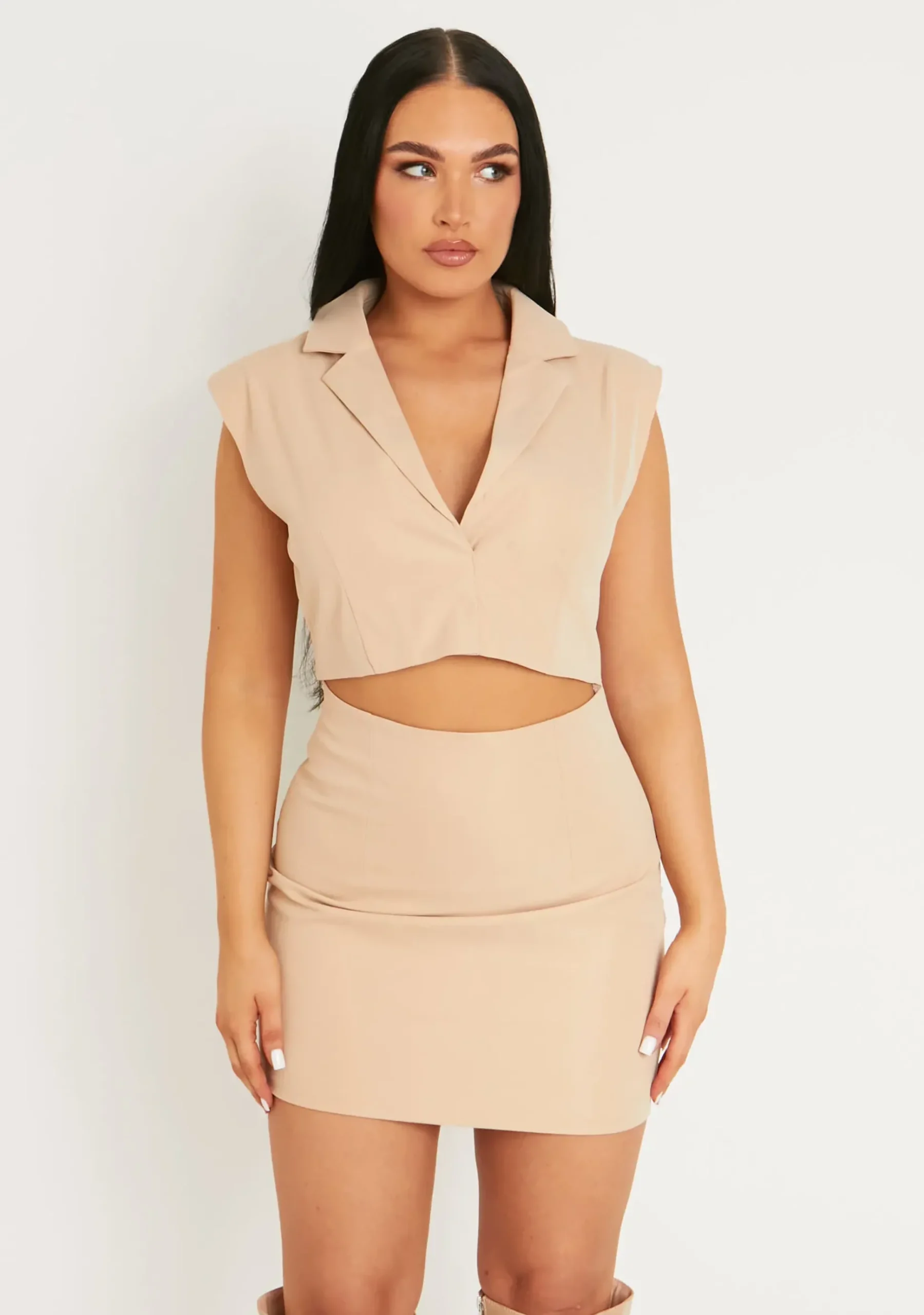 Georgina Beige Cut Out Sleeveless Blazer Dress^Missy Empire Cheap