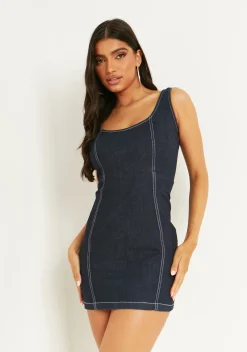 Clearance Giana Blue Denim Contrast Seam Mini Dress Women Dresses