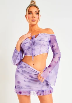 Gianna Purple Frill Floral Mesh Halter Neck Top^Missy Empire Best