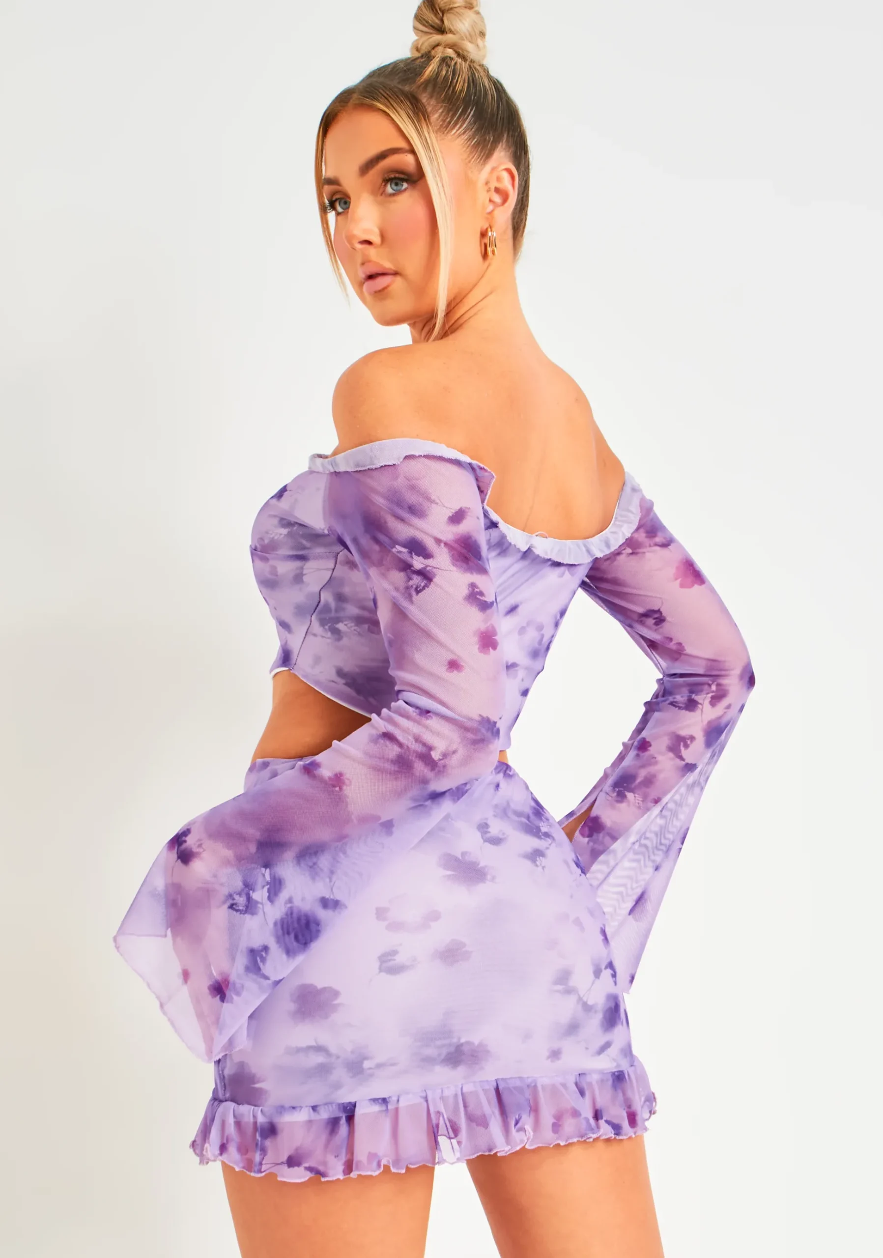 Gianna Purple Frill Floral Mesh Halter Neck Top^Missy Empire Best
