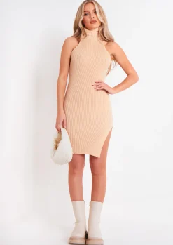 Flash Sale Gina Beige Ribbed Knit Roll Neck Dress With Split Women Dresses