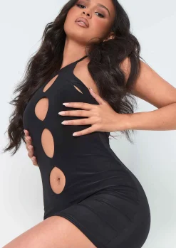 Cheap Giselle Black Cut Out Halter Neck Double Layered Mini Dress Women Dresses