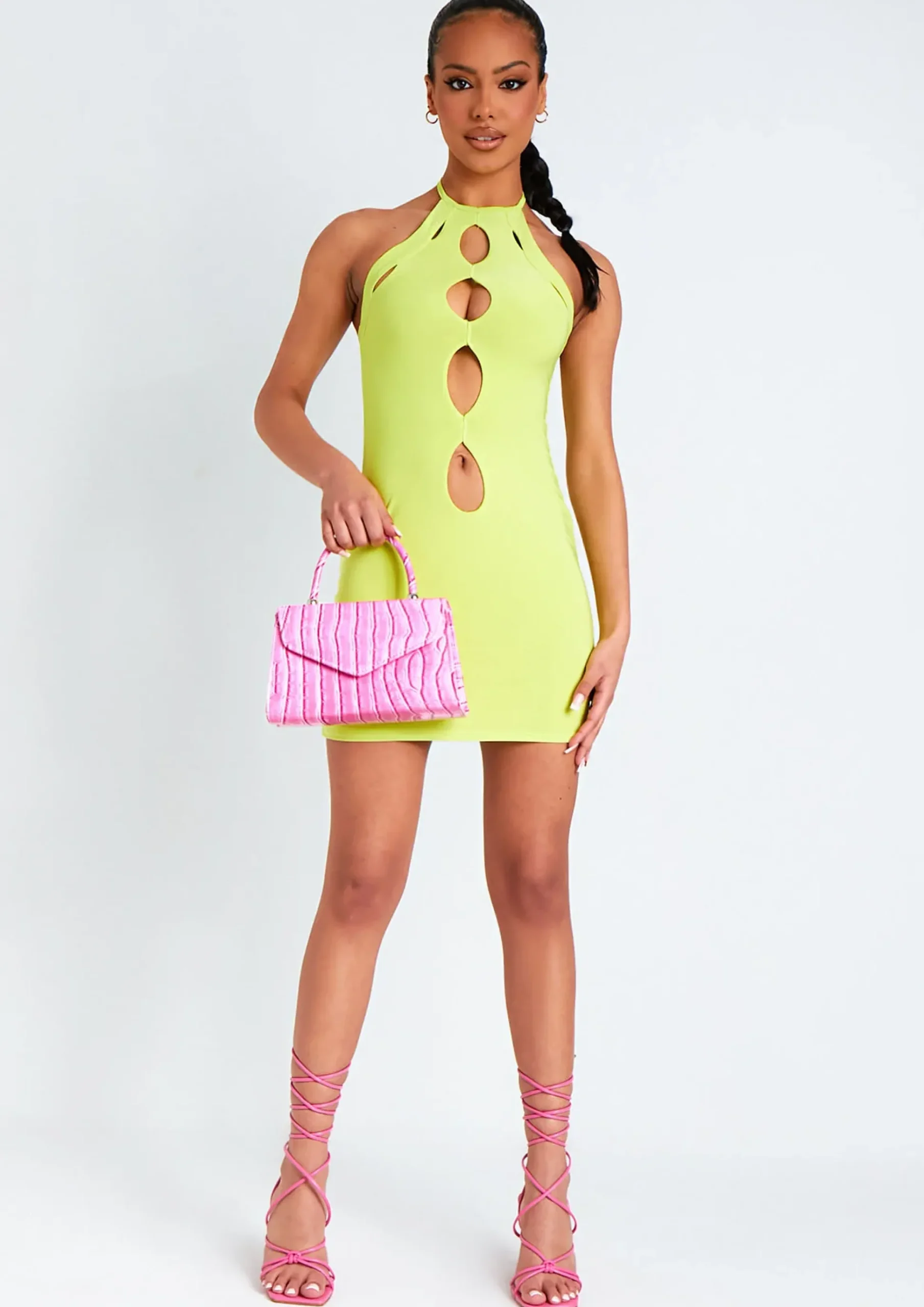 Fashion Giselle Lime Cut Out Halter Neck Double Layered Mini Dress Women Dresses