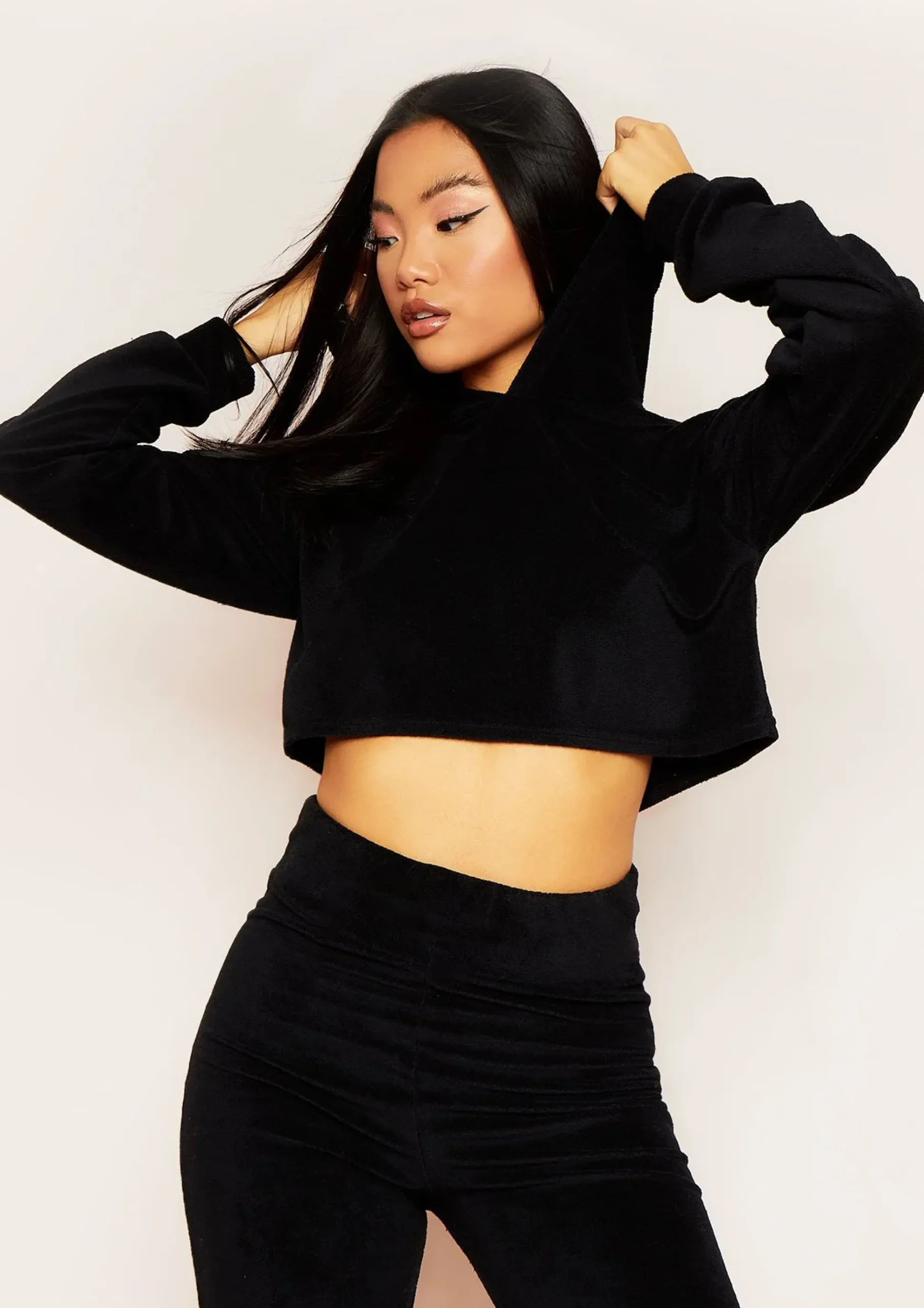 Online Grace Black Velour Cropped Hoodie Women Tracksuits