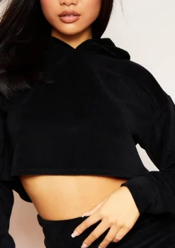 Online Grace Black Velour Cropped Hoodie Women Tracksuits