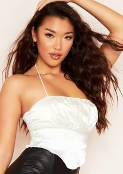 Grace Ivory Satin Halterneck Ruched Crop Corset Top^Missy Empire Shop