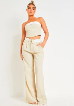 Shop Gracie Beige Fold Over Waist Wide Leg Trousers Women Trousers