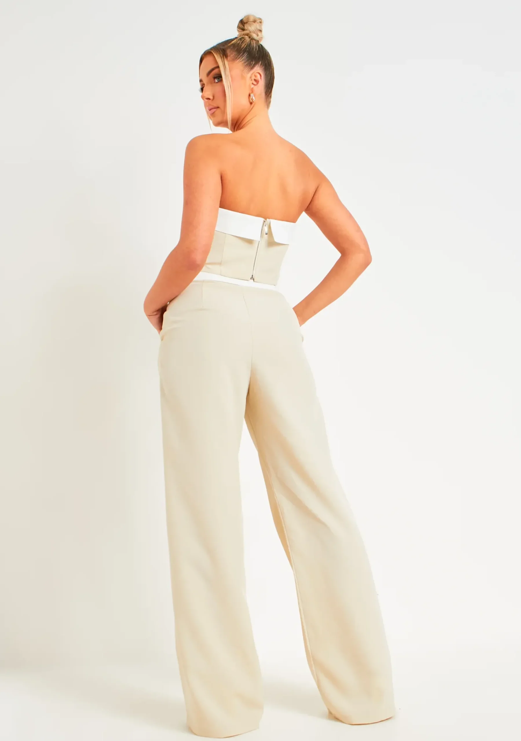 Shop Gracie Beige Fold Over Waist Wide Leg Trousers Women Trousers