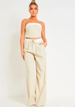 Shop Gracie Beige Fold Over Waist Wide Leg Trousers Women Trousers