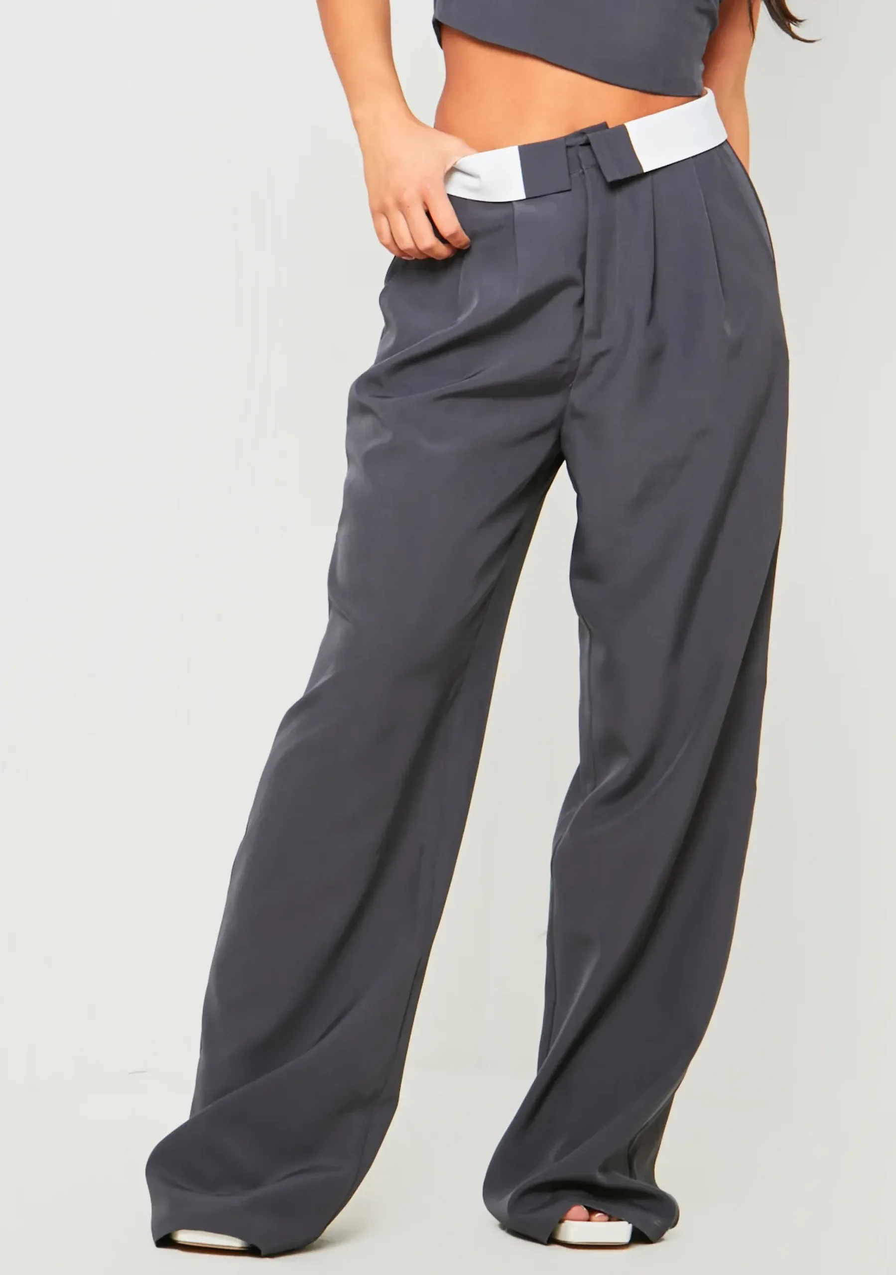 Clearance Gracie Charcoal Fold Over Waist Wide Leg Trousers Women Trousers