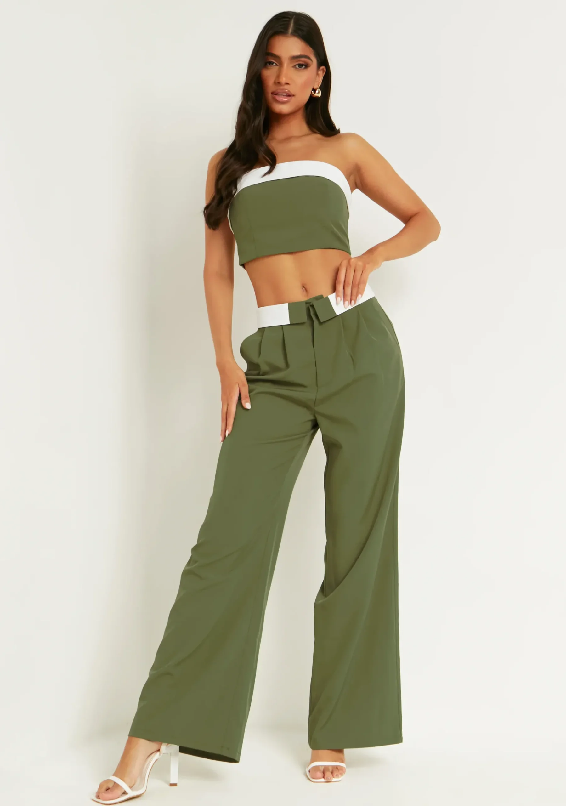 Sale Gracie Khaki Fold Over Waist Wide Leg Trousers Women Trousers