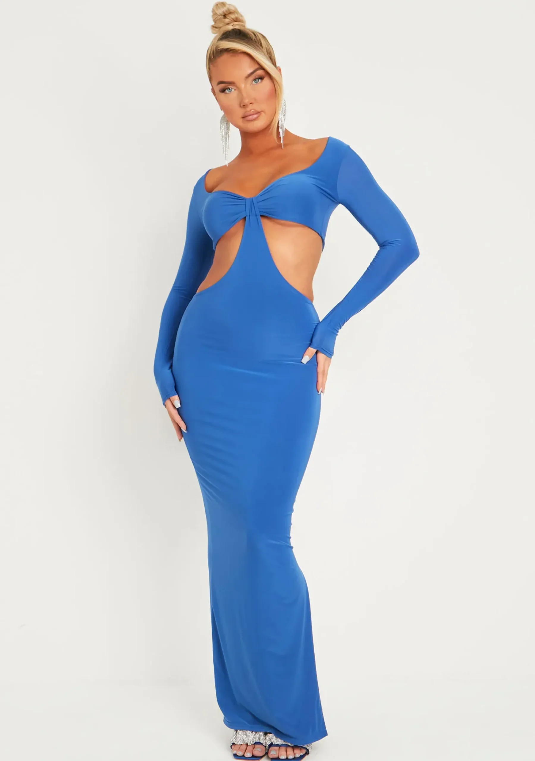 Discount Gypsi Cobalt Blue Double Layer Slinky Long Sleeve Cut Out Maxi Dress Women Dresses