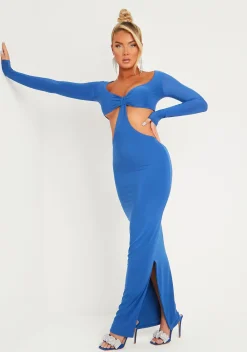 Discount Gypsi Cobalt Blue Double Layer Slinky Long Sleeve Cut Out Maxi Dress Women Dresses