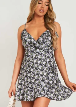 Best Haila Black Ditsy Floral Wrap Mini Frill Dress Women Dresses