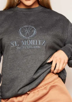 Best Sale Halyn Charcoal Grey St. Moritz Slogan Oversized Sweatshirt Women Loungewear