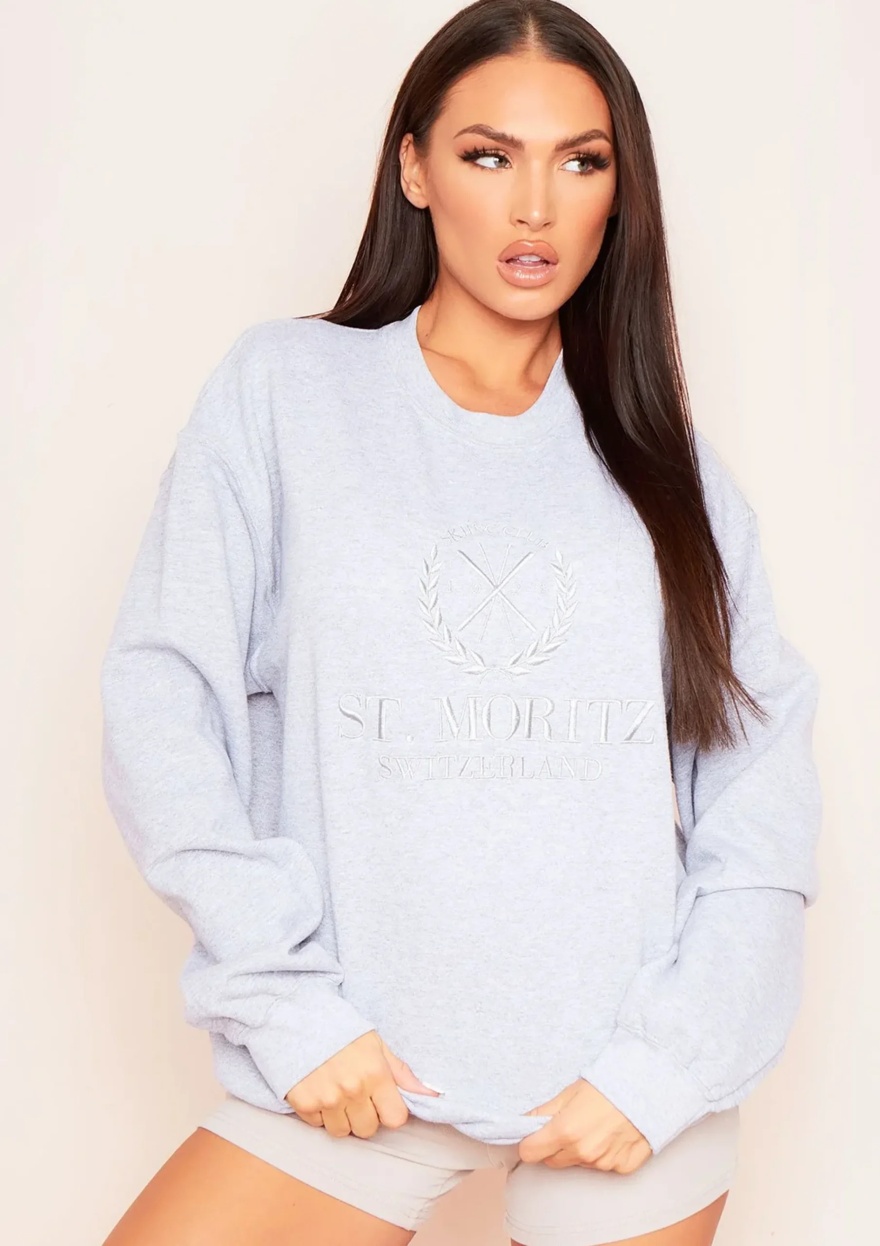 Halyn Grey St. Moritz Slogan Oversized Sweatshirt^Missy Empire Online