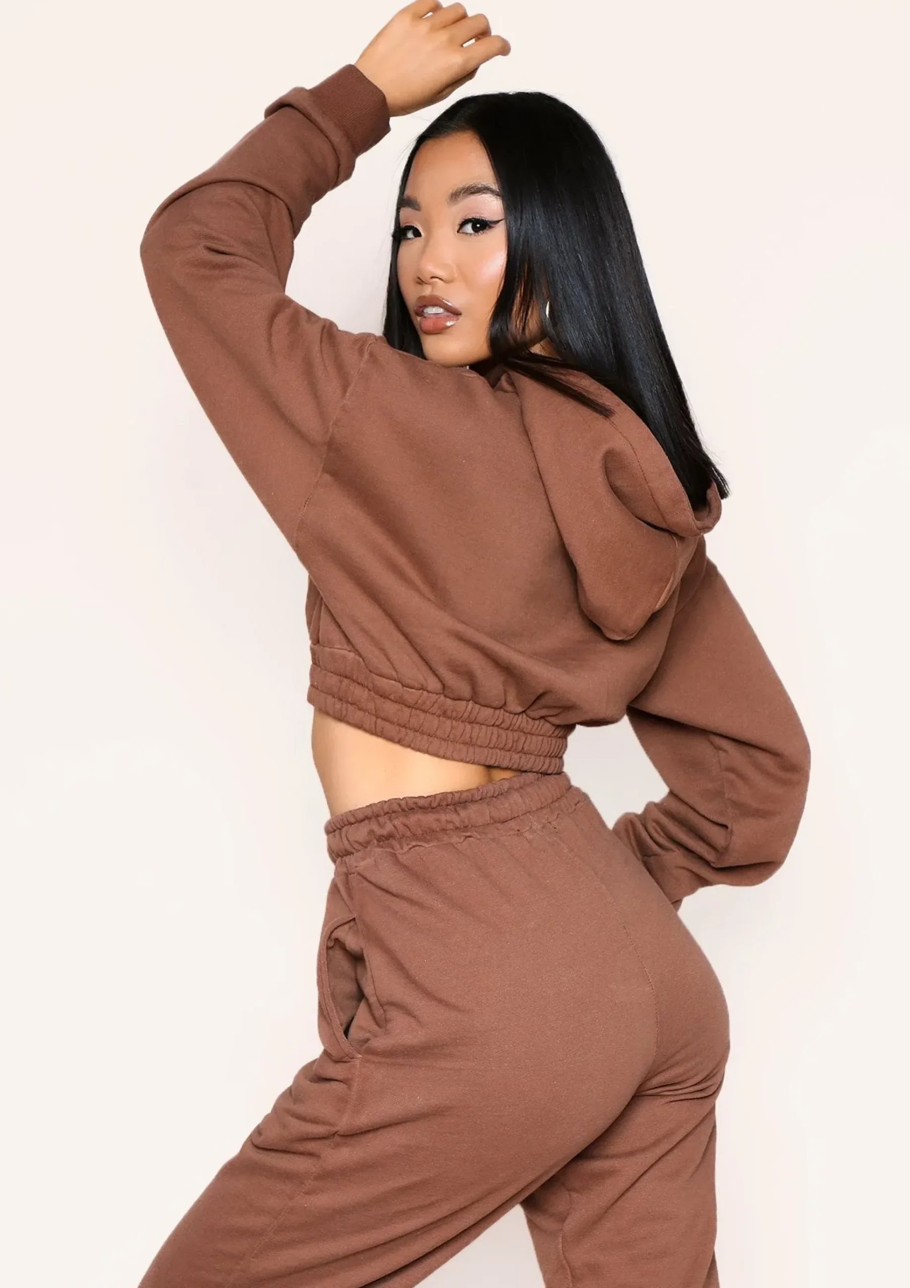 Fashion Hannah Chocolate Cropped Elasticated Hem Hoodie Women Tracksuits