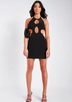 Outlet Hannah Black Halter Neck Cut Out Backless Chain Detail Mini Dress Women Dresses