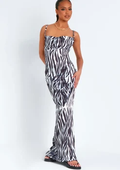 Outlet Hannah Zebra Print Satin Lace Up Back Maxi Dress Women Dresses