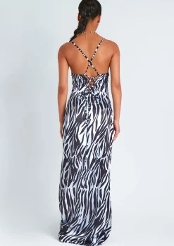Outlet Hannah Zebra Print Satin Lace Up Back Maxi Dress Women Dresses