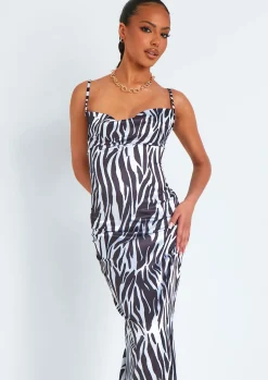 Outlet Hannah Zebra Print Satin Lace Up Back Maxi Dress Women Dresses