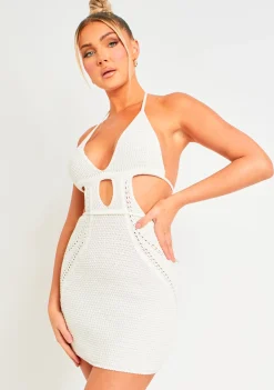 Flash Sale Harley Off White Crochet Knit Halterneck Backless Mini Dress Women Dresses