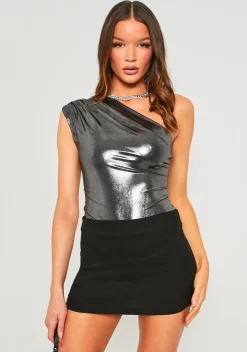 Hiba Grey Metallic One Shoulder Bodysuit^Missy Empire Discount