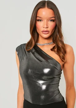 Hiba Grey Metallic One Shoulder Bodysuit^Missy Empire Discount