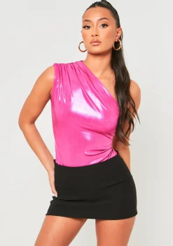 Hiba Pink Metallic One Shoulder Bodysuit^Missy Empire Best