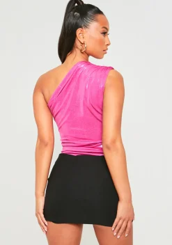 Hiba Pink Metallic One Shoulder Bodysuit^Missy Empire Best