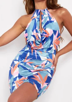 Outlet Hira Blue Multi Print Slinky Halterneck Mini Dress Women Dresses