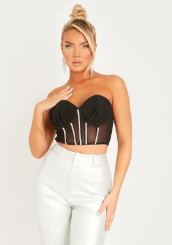 Inga Black Woven Mesh Structured Diamante Cropped Corset^Missy Empire Best Sale