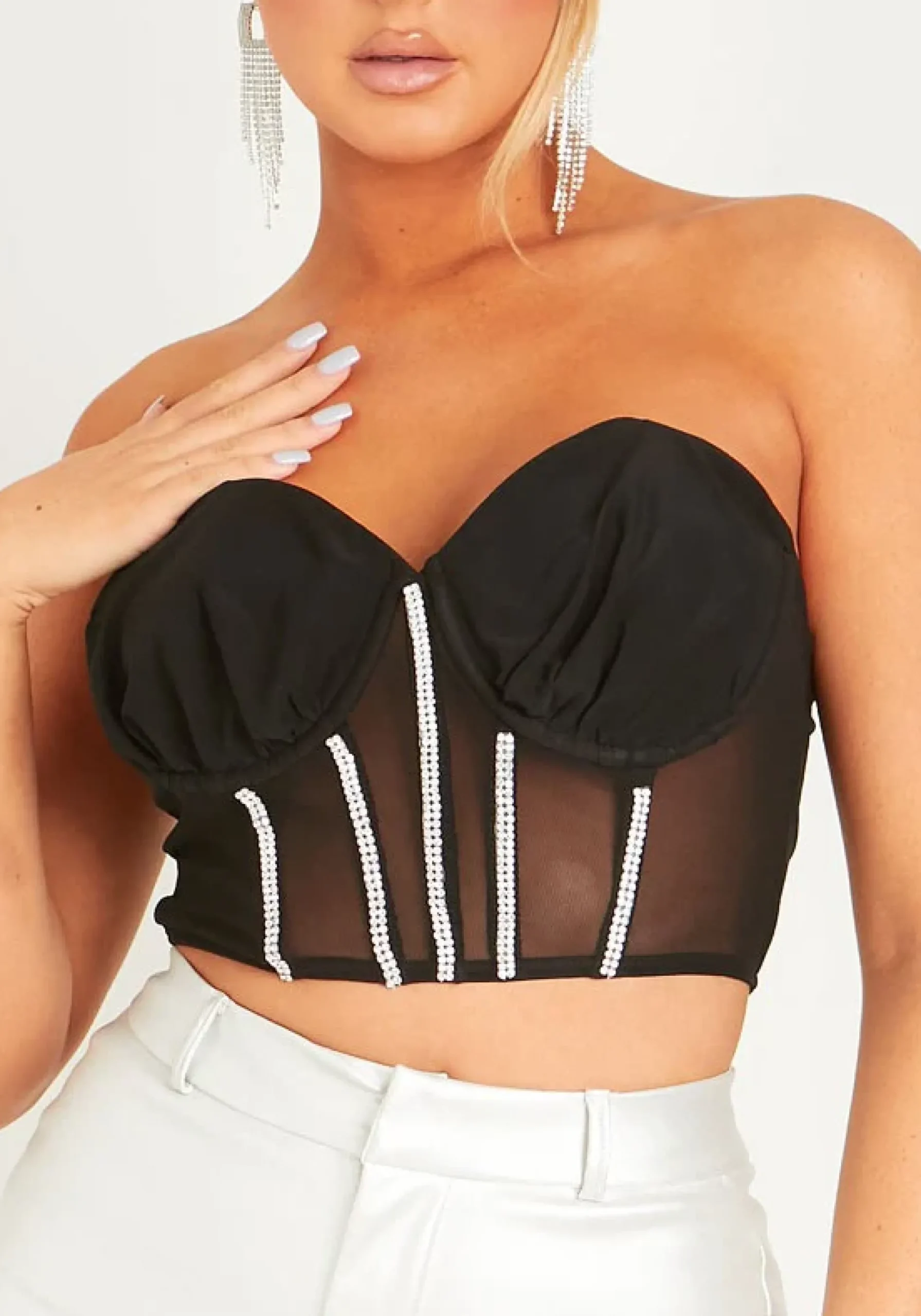 Inga Black Woven Mesh Structured Diamante Cropped Corset^Missy Empire Best Sale