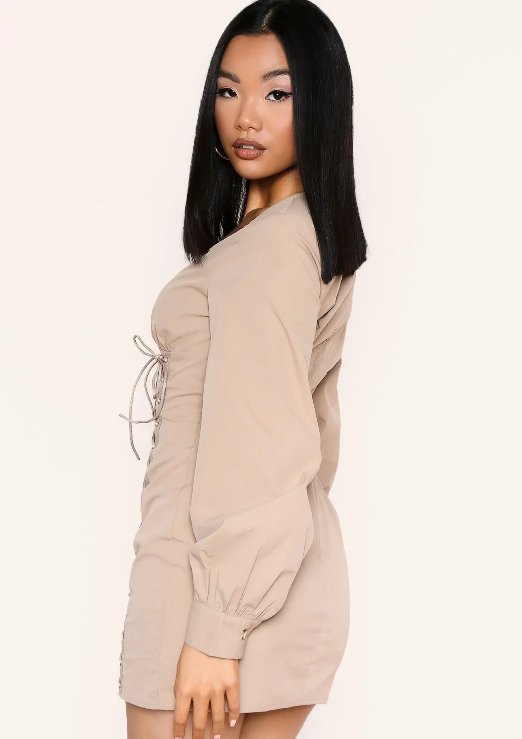 Store Ivana Beige Lace Up Detail Mini Dress Women Dresses
