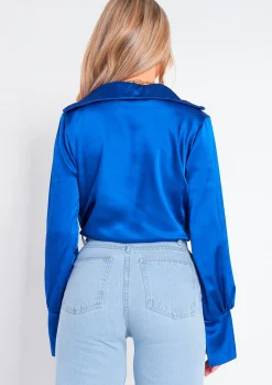 Ivanka Blue Satin Draped Front Long Sleeve Blouse^Missy Empire Hot
