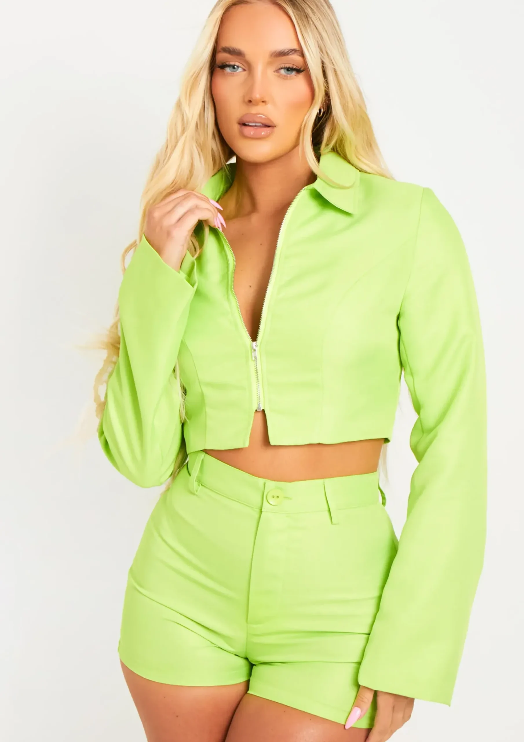 Ivanna Lime Zip Through Tailored Cropped Jacket^Missy Empire Online
