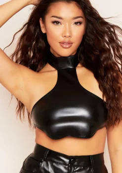 Ivy Black Pu Halterneck Curved Hem Crop Top^Missy Empire Flash Sale