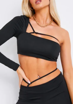 Izzi Black Strappy One Shoulder Crop Top^Missy Empire Best Sale