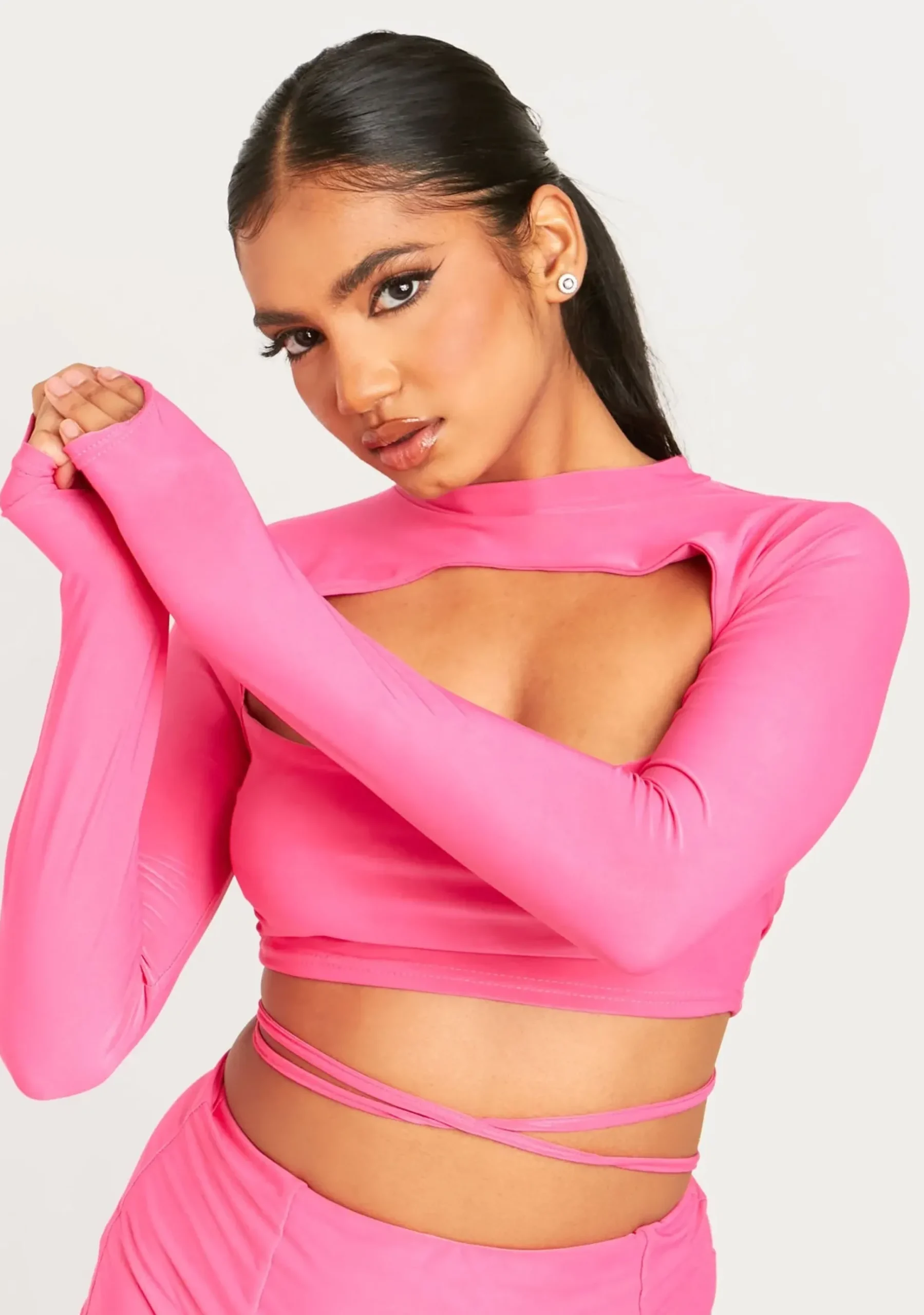Izzie Pink Cut Out Lace Up Long Sleeve Crop Top^Missy Empire Clearance