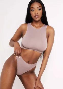 Online Jacqueline Mocha Seamless Ribbed Racer Crop Top Women Seamless & Shapewear